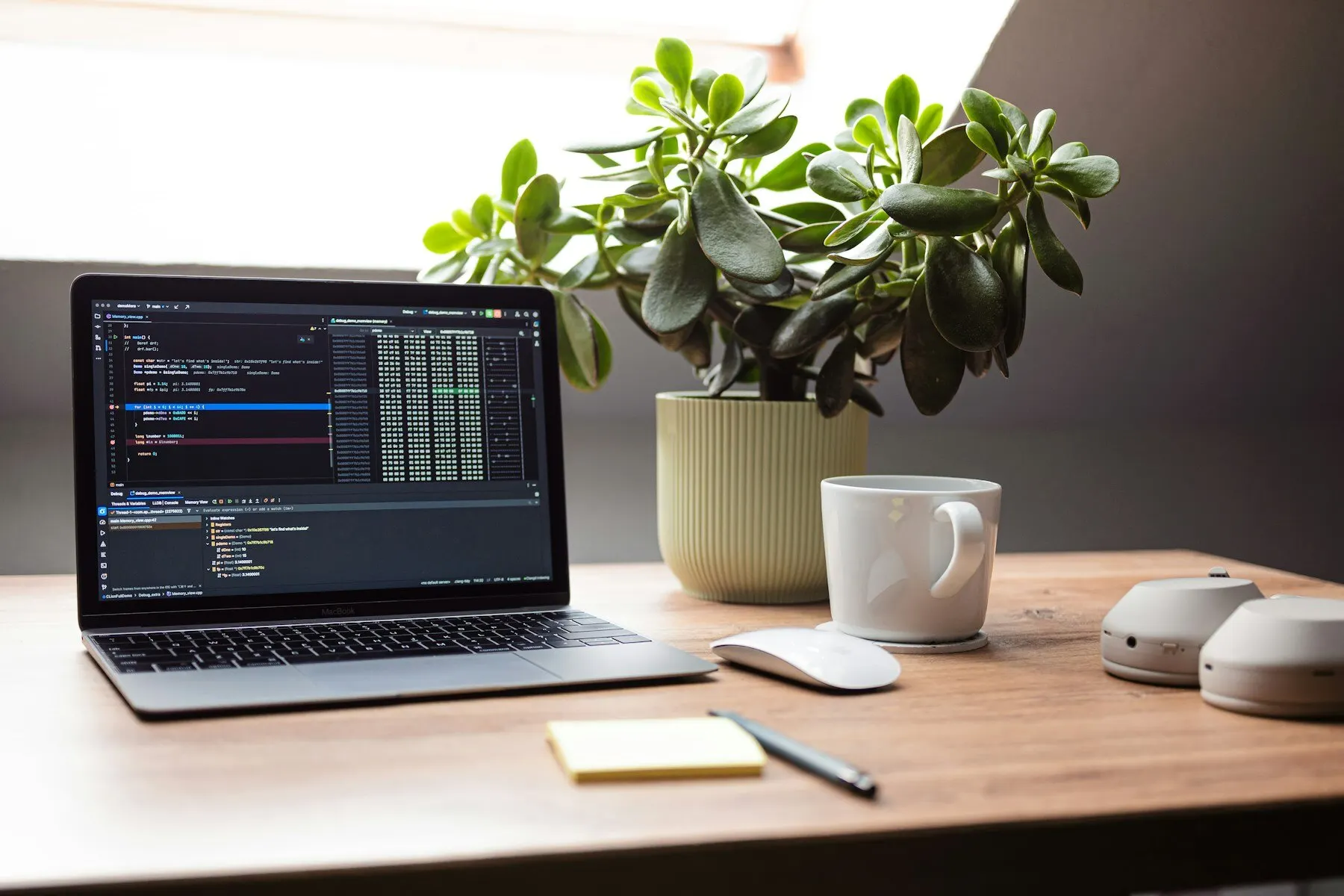 A quiet desk setup with code, a plant, and a cup within reach.